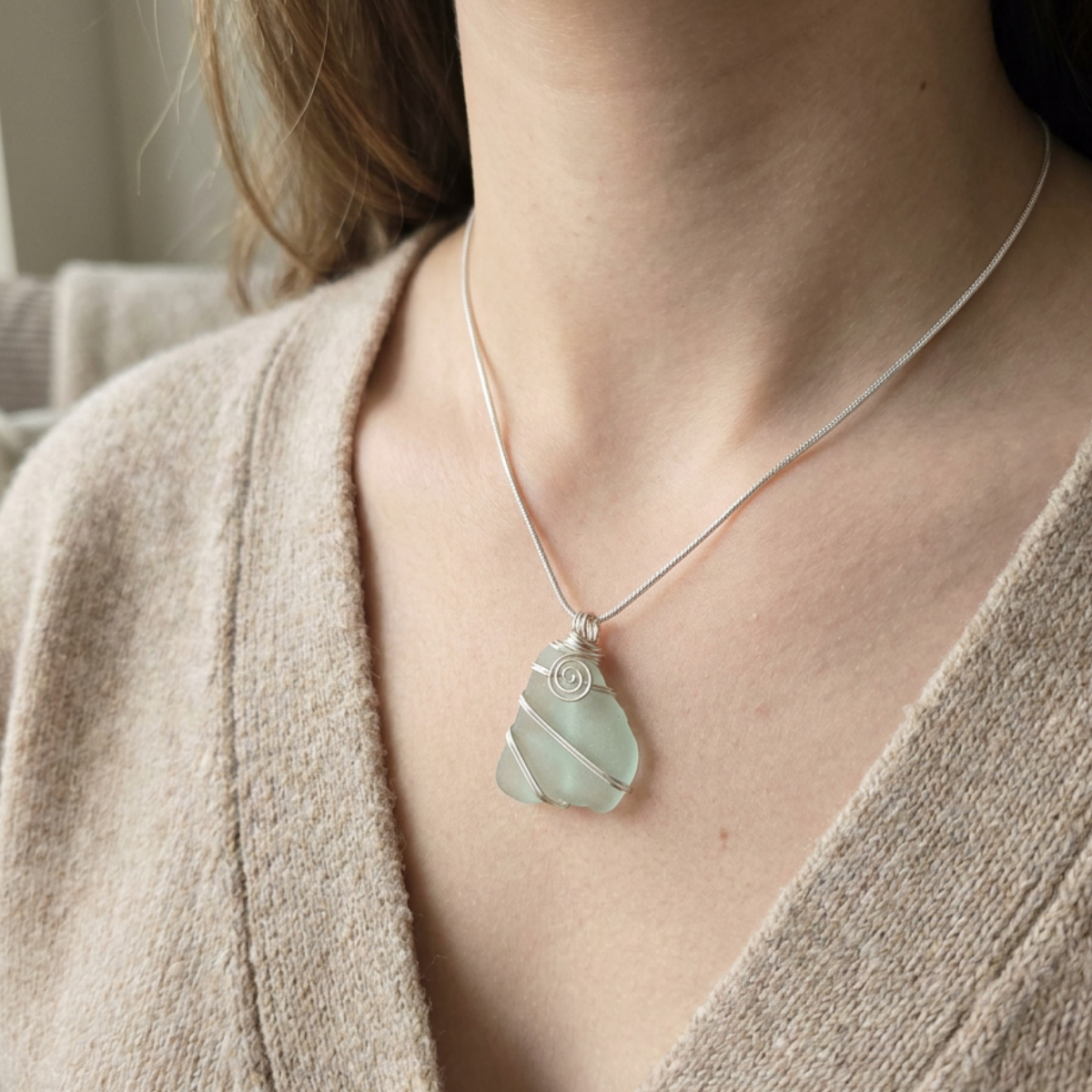 Silver Wrapped Blue Sea Glass Spiral, Handmade Boho Silver Pendant, Gift for Her