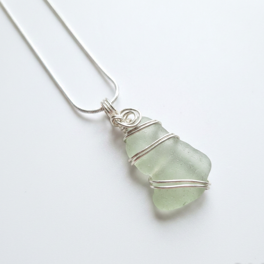 Silver Wrapped Blue Sea Glass Spiral, Handmade Boho Silver Pendant, Gift for Her