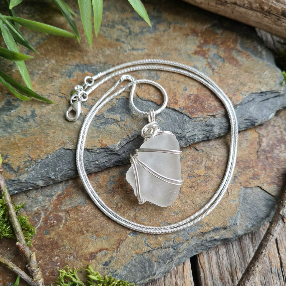Silver Wrapped White Sea Glass Spiral Pendant, Handmade Boho Silver Pendant, Gift for Her