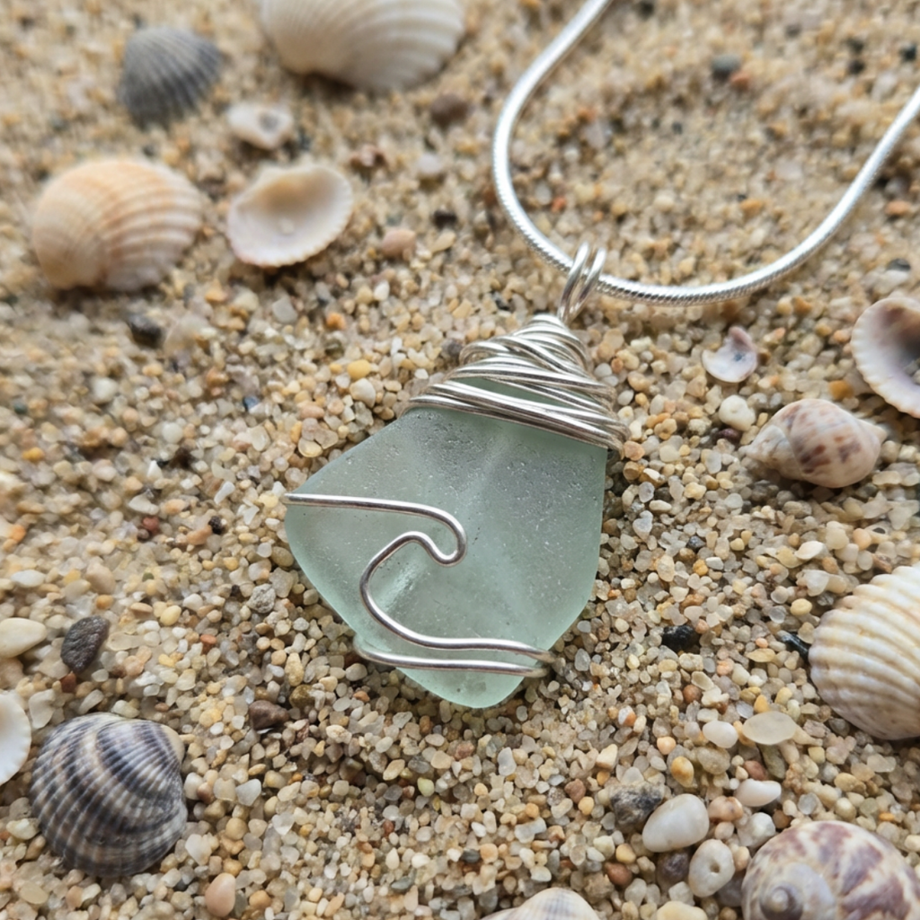 Silver Wrapped Blue Sea Glass Wave, Handmade Boho Silver Pendant, Gift for Her