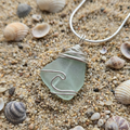 Silver Wrapped Blue Sea Glass Wave, Handmade Boho Silver Pendant, Gift for Her