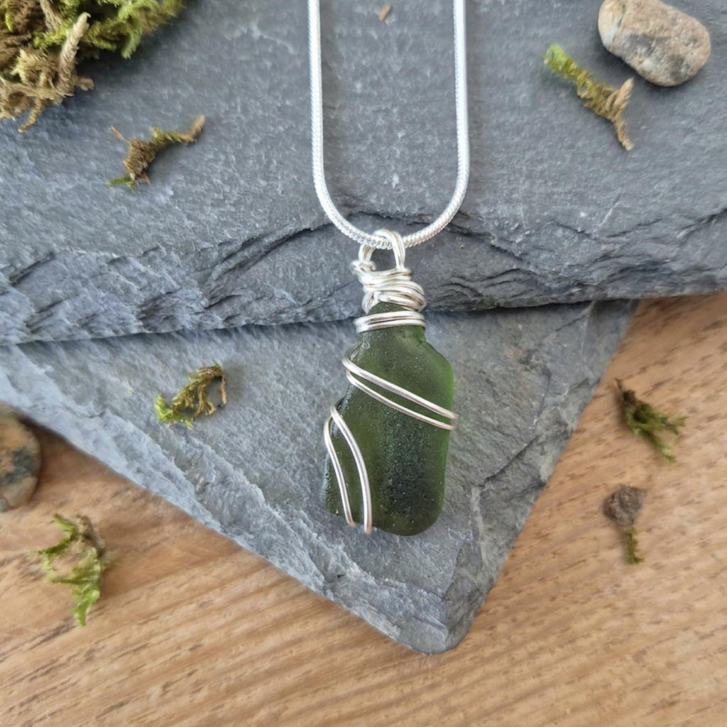 Silver Wrapped Green Sea Glass, Handmade Boho Silver Pendant, Gift for Her