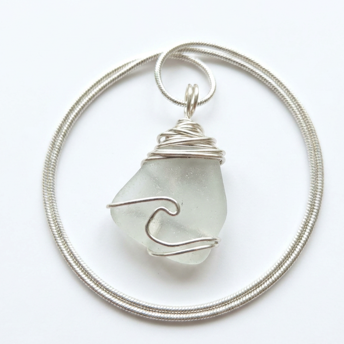 Silver Wrapped Blue Sea Glass Wave, Handmade Boho Silver Pendant, Gift for Her