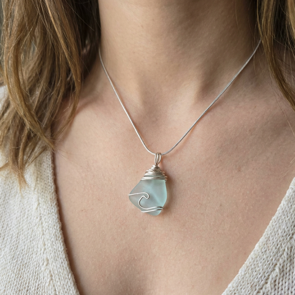 Silver Wrapped Blue Sea Glass Wave, Handmade Boho Silver Pendant, Gift for Her