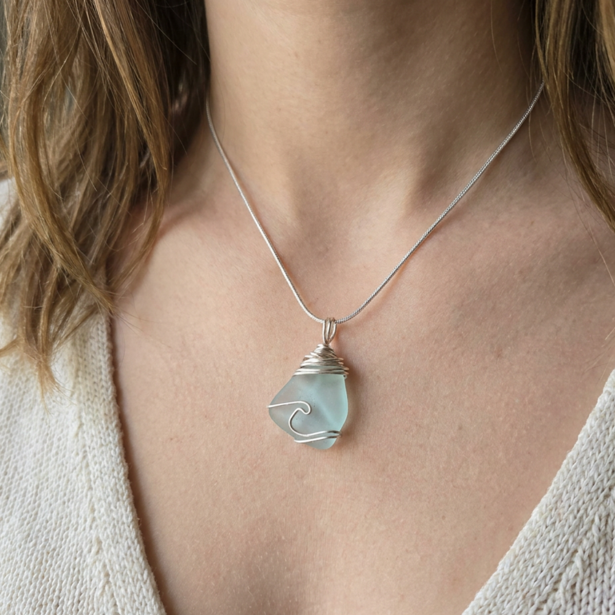 Silver Wrapped Blue Sea Glass Wave, Handmade Boho Silver Pendant, Gift for Her