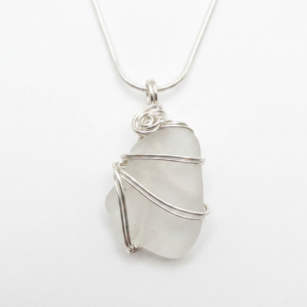 Silver Wrapped White Sea Glass Spiral Pendant, Handmade Boho Silver Pendant, Gift for Her