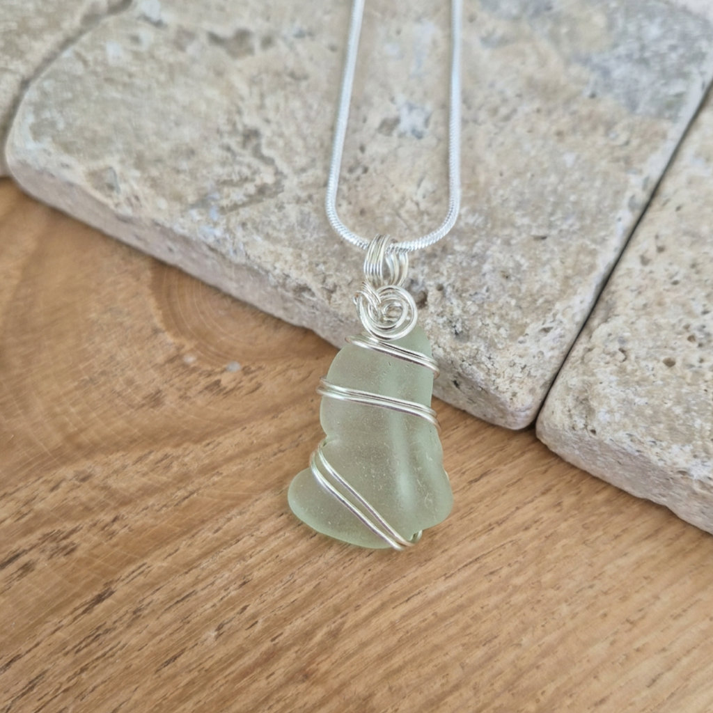Silver Wrapped Blue Sea Glass Spiral, Handmade Boho Silver Pendant, Gift for Her