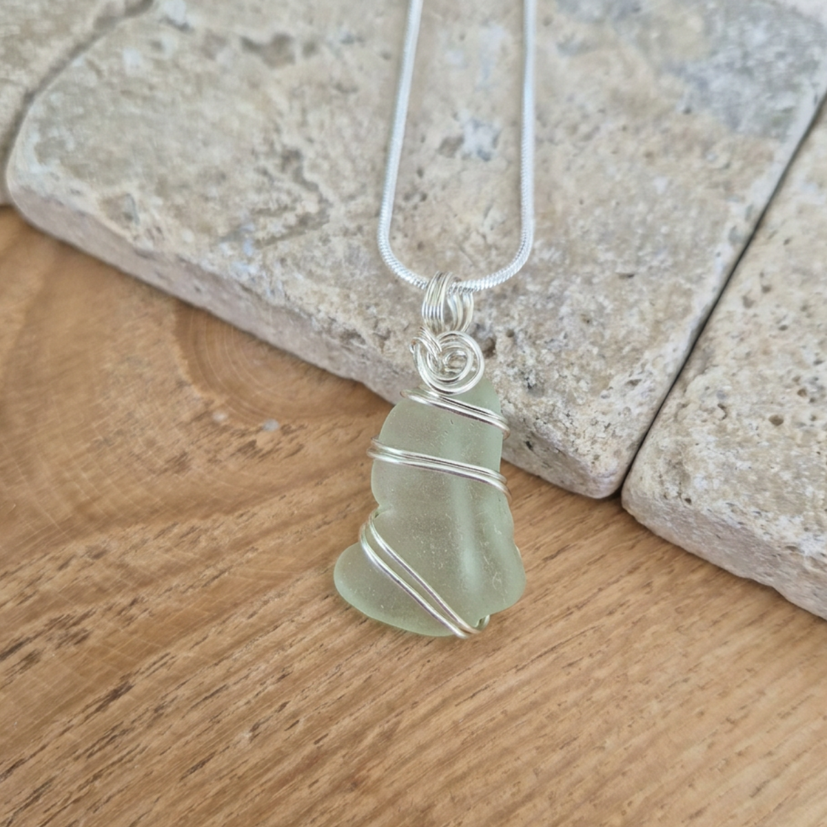 Silver Wrapped Blue Sea Glass Spiral, Handmade Boho Silver Pendant, Gift for Her
