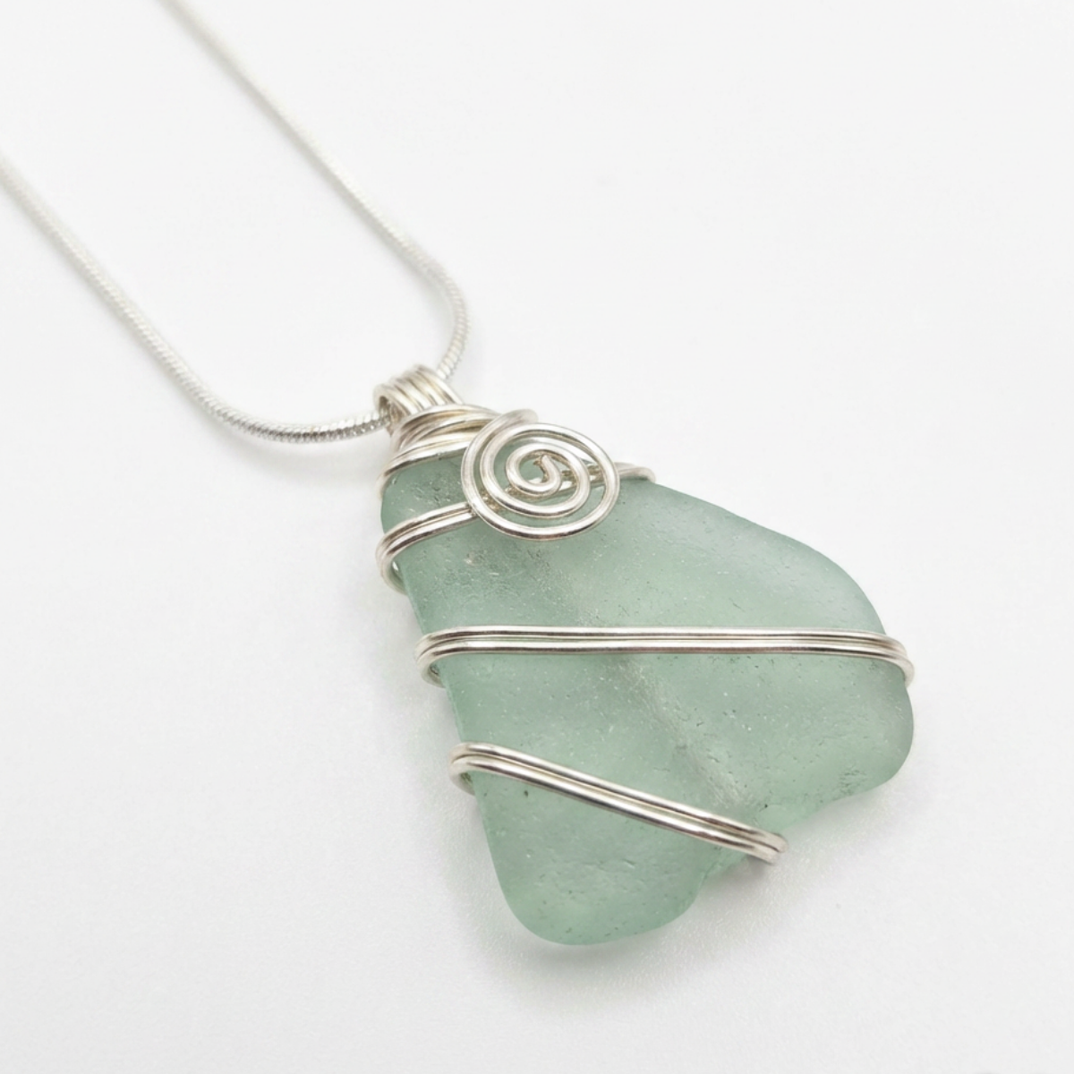 Silver Wrapped Blue Sea Glass Spiral, Handmade Boho Silver Pendant, Gift for Her