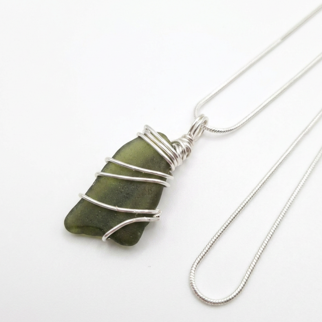 Silver Wrapped Green Sea Glass Pendant, Handmade Boho Silver Pendant, Gift for Her