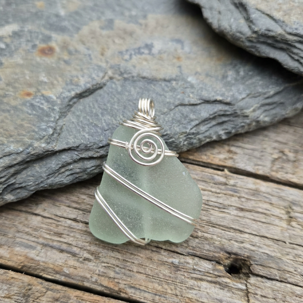 Silver Wrapped Blue Sea Glass Spiral, Handmade Boho Silver Pendant, Gift for Her