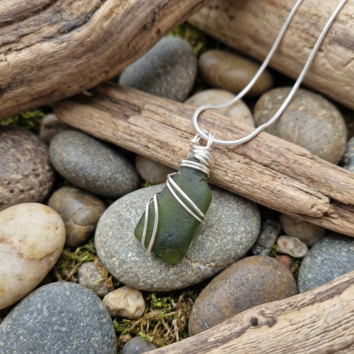 Silver Wrapped Green Sea Glass, Handmade Boho Silver Pendant, Gift for Her