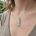 Silver Wrapped Blue Sea Glass Spiral, Handmade Boho Silver Pendant, Gift for Her