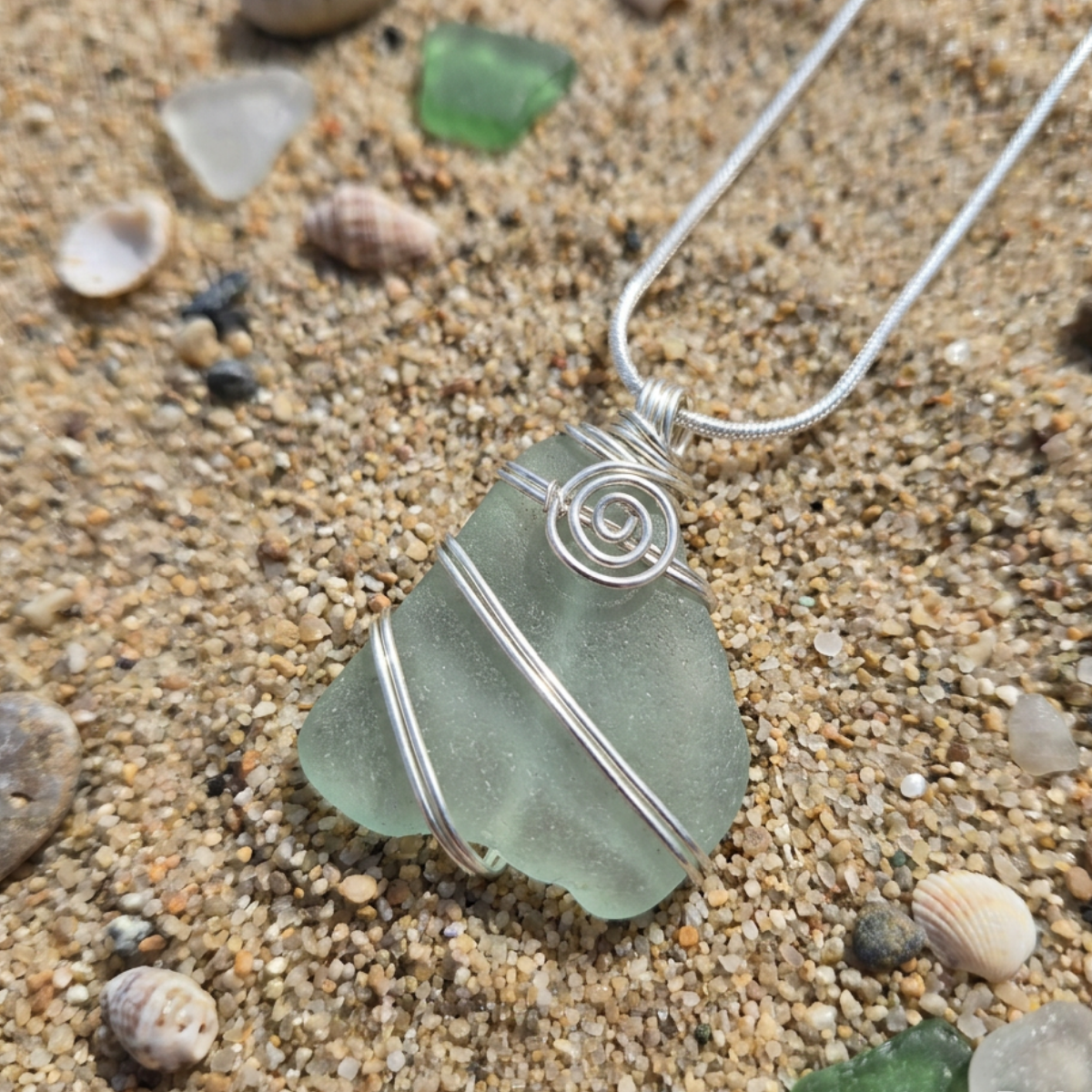 Silver Wrapped Blue Sea Glass Spiral, Handmade Boho Silver Pendant, Gift for Her