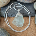 Silver Wrapped Blue Sea Glass Wave, Handmade Boho Silver Pendant, Gift for Her