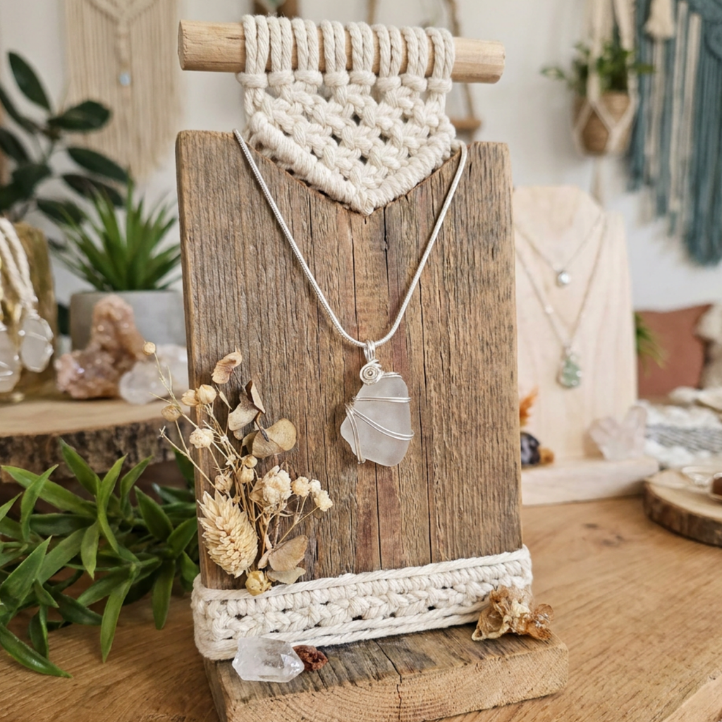 Silver Wrapped White Sea Glass Spiral Pendant, Handmade Boho Silver Pendant, Gift for Her