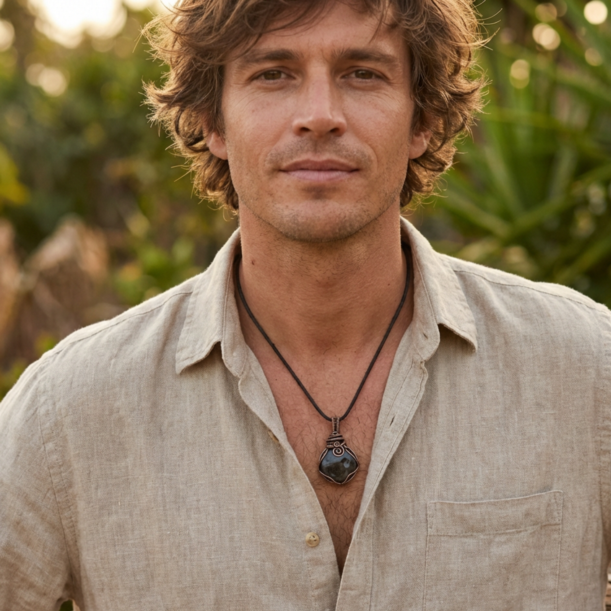 Man wearing a beige shirt and necklace with a natural background